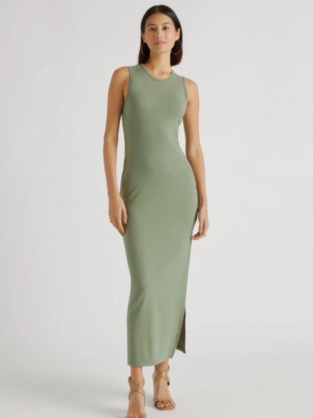 Quince Sage Green Tencel Jersey Tank Maxi Dress sz S Side Slit Sleeveless